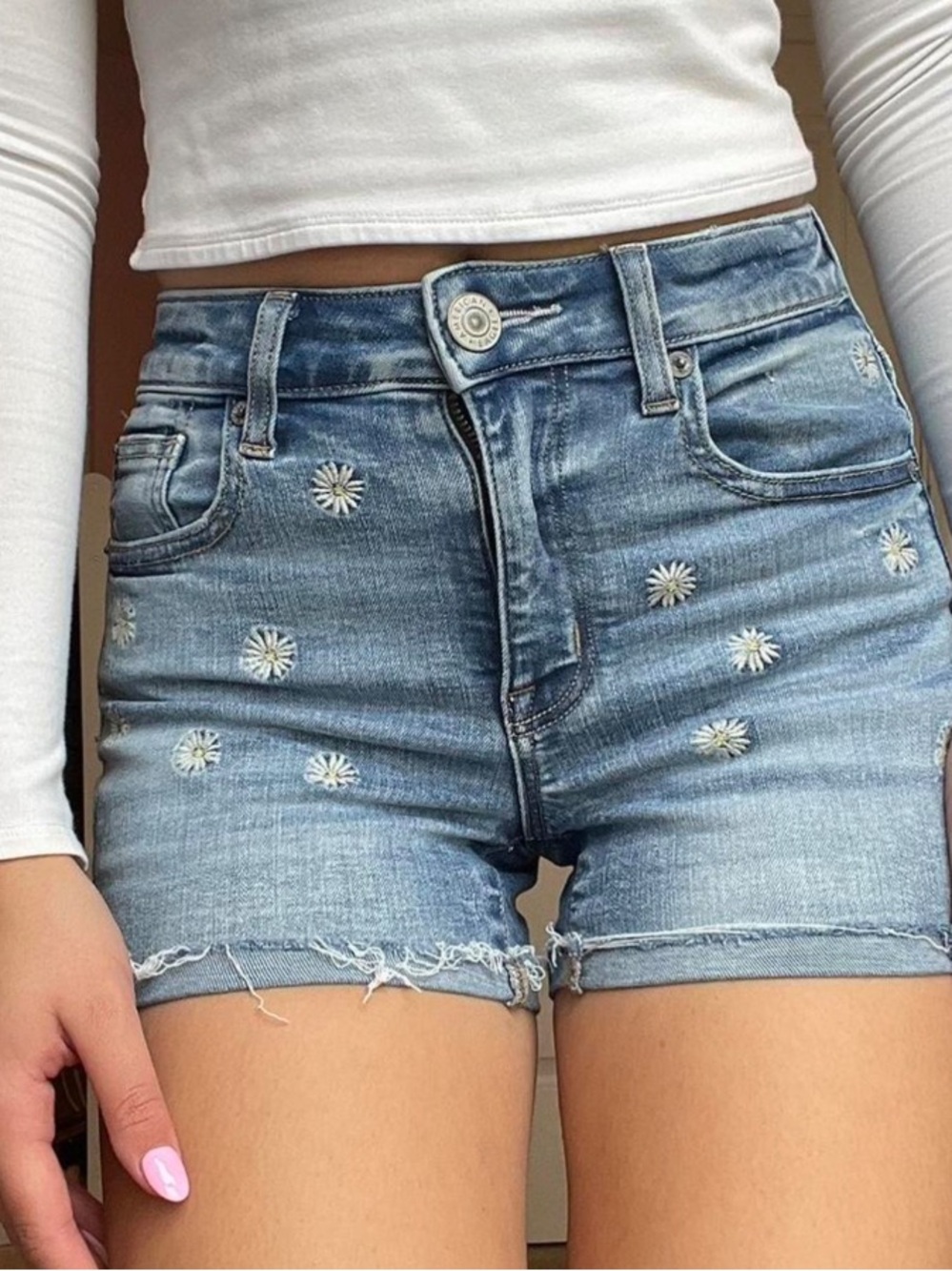 American Eagle Outfitters Light Denim Embroidered Daisy Jean Shorts